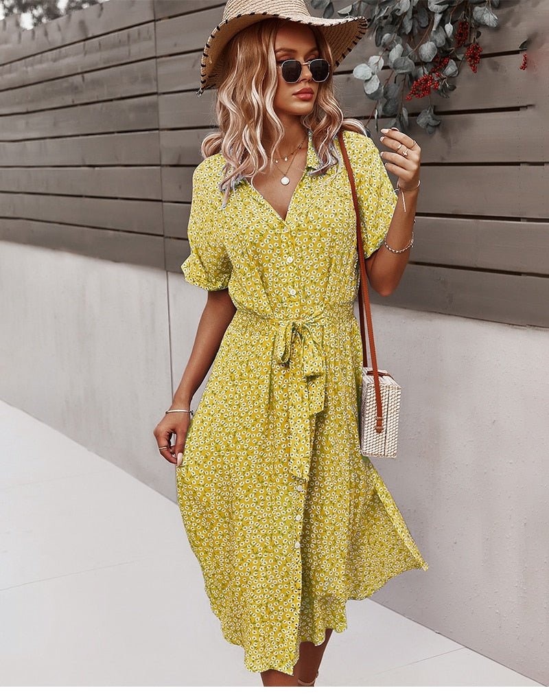 Women's Floral Midi Dress – Button-Front Tie-Waist Casual Summer