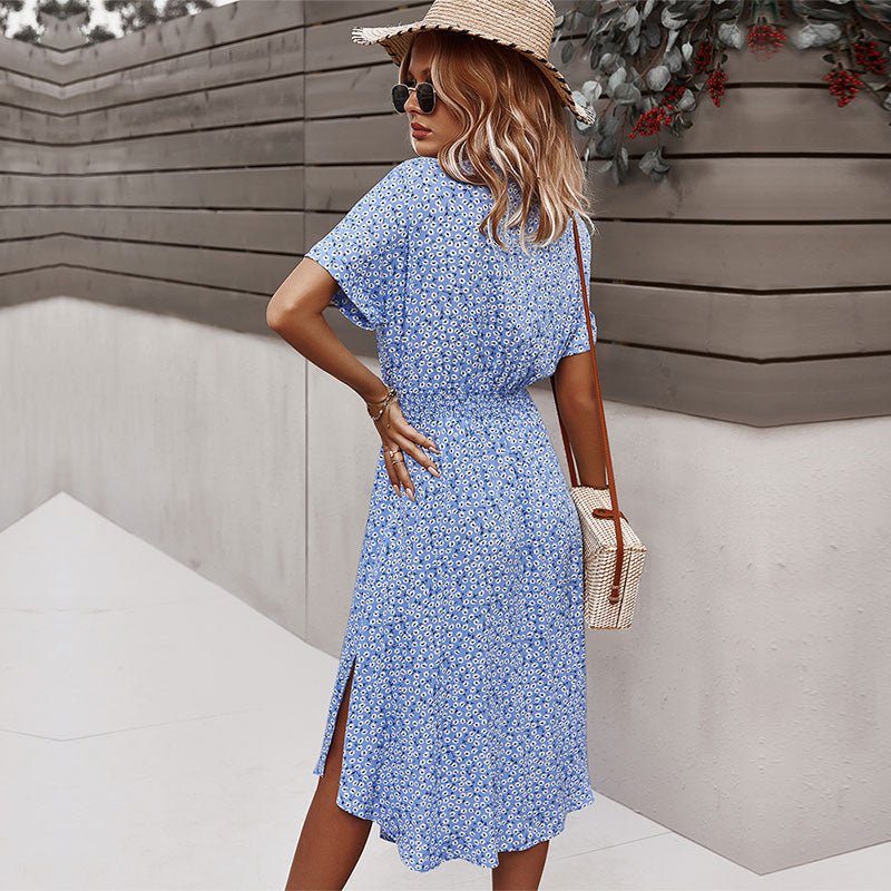 Women's Floral Midi Dress – Button-Front Tie-Waist Casual Summer