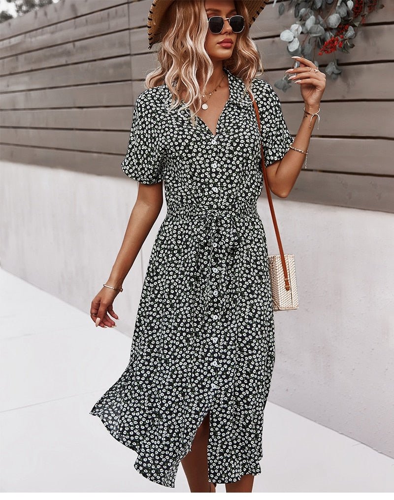 Women's Floral Midi Dress – Button-Front Tie-Waist Casual Summer