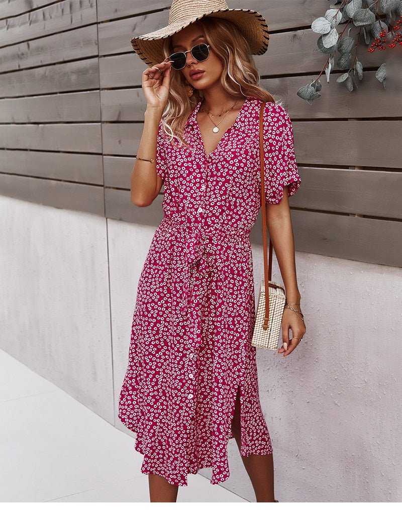 Women's Floral Midi Dress – Button-Front Tie-Waist Casual Summer