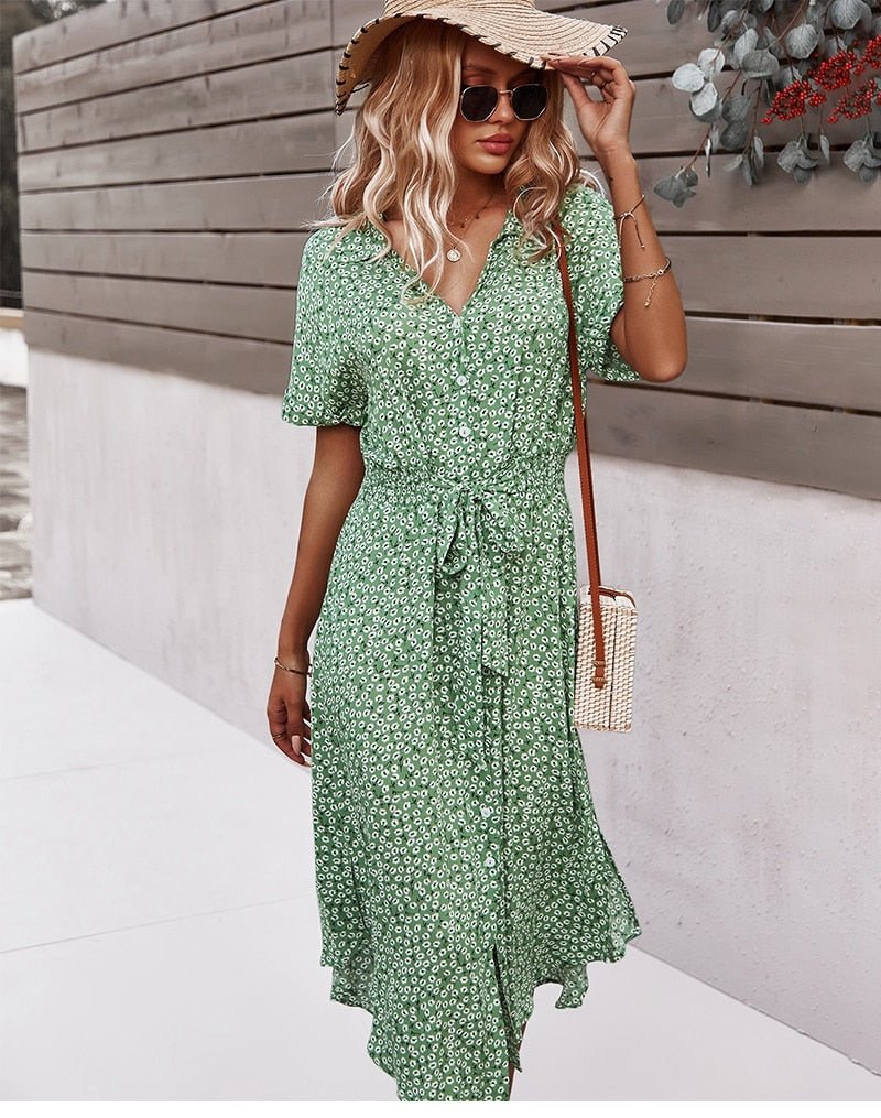 Women's Floral Midi Dress – Button-Front Tie-Waist Casual Summer