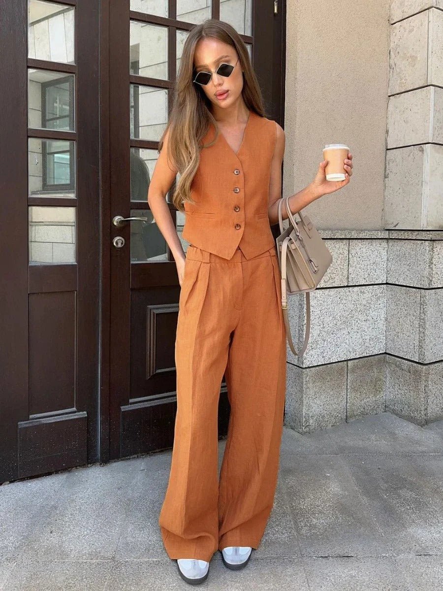 Women's Linen Two-Piece Set – Sleeveless Vest and Wide Leg Summer Style