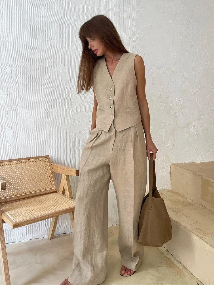 Women's Linen Two-Piece Set – Sleeveless Vest and Wide Leg Summer Style