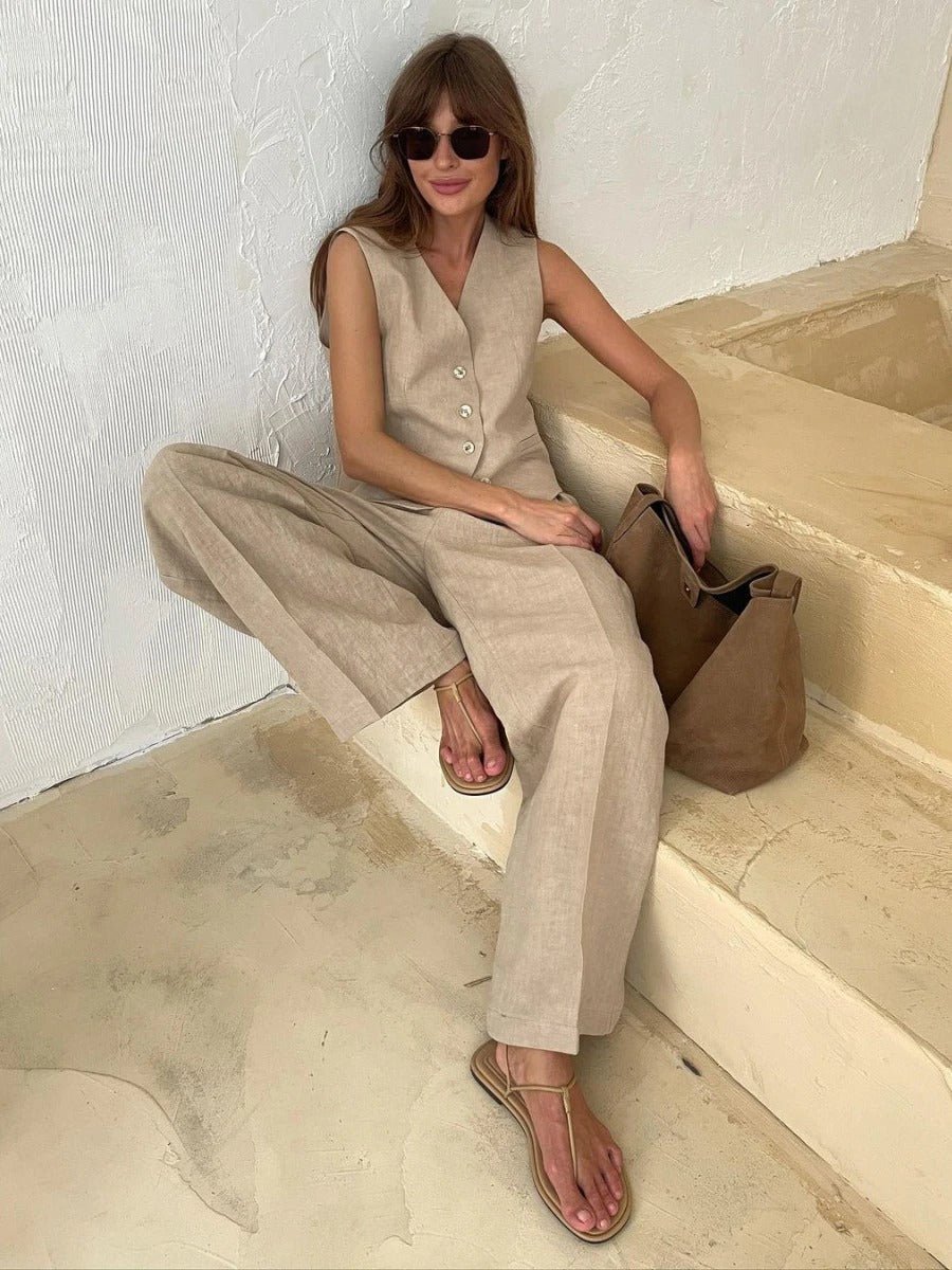 Women's Linen Two-Piece Set – Sleeveless Vest and Wide Leg Summer Style