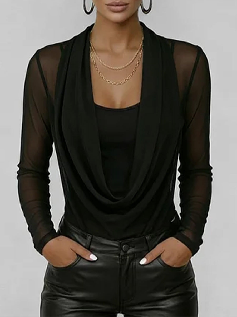 Women's Sheer Mesh Top - Casual Long Sleeve Swing Neck Blouse