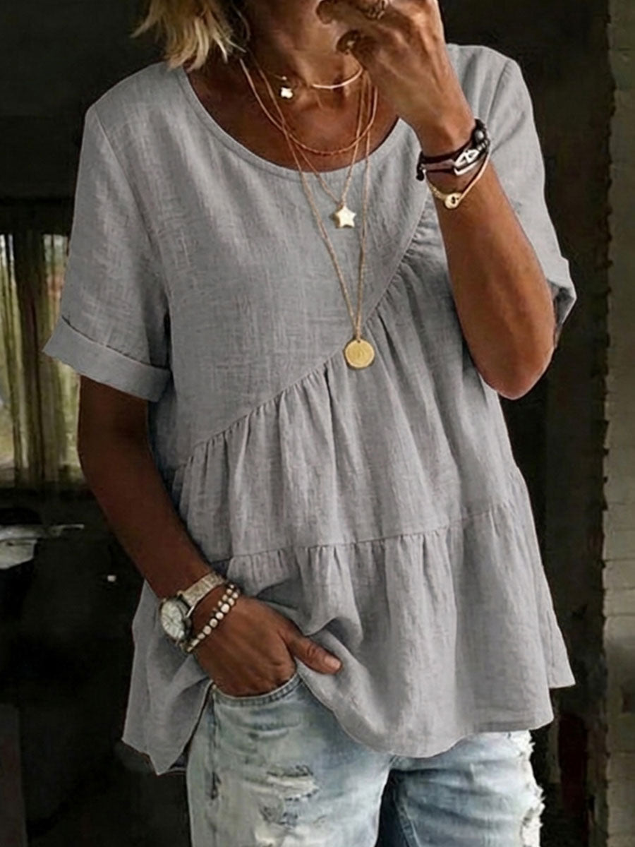 Women's Round Neck Cotton Linen Shirt - Casual Short Sleeve Top