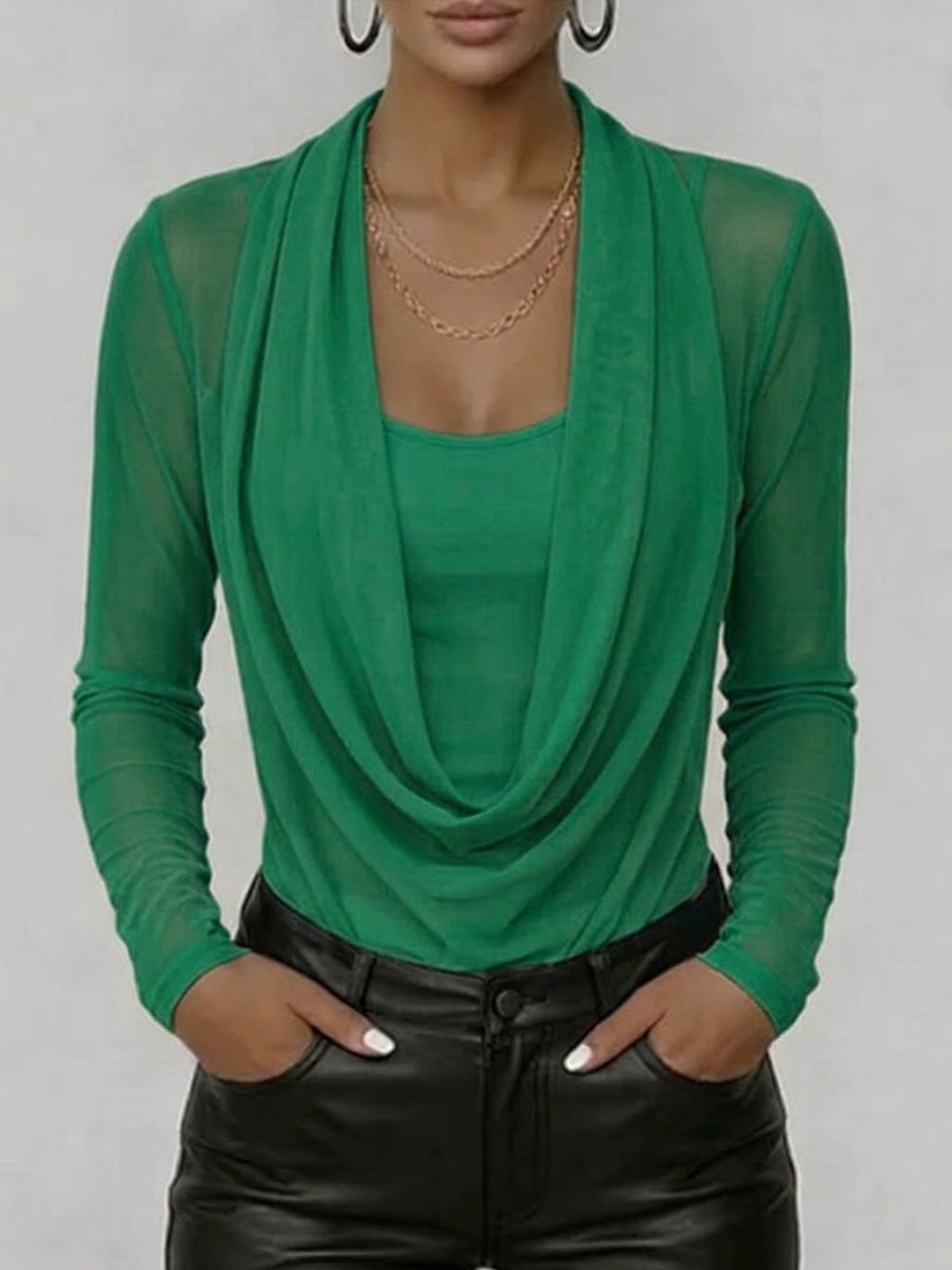 Women's Sheer Mesh Top - Casual Long Sleeve Swing Neck Blouse
