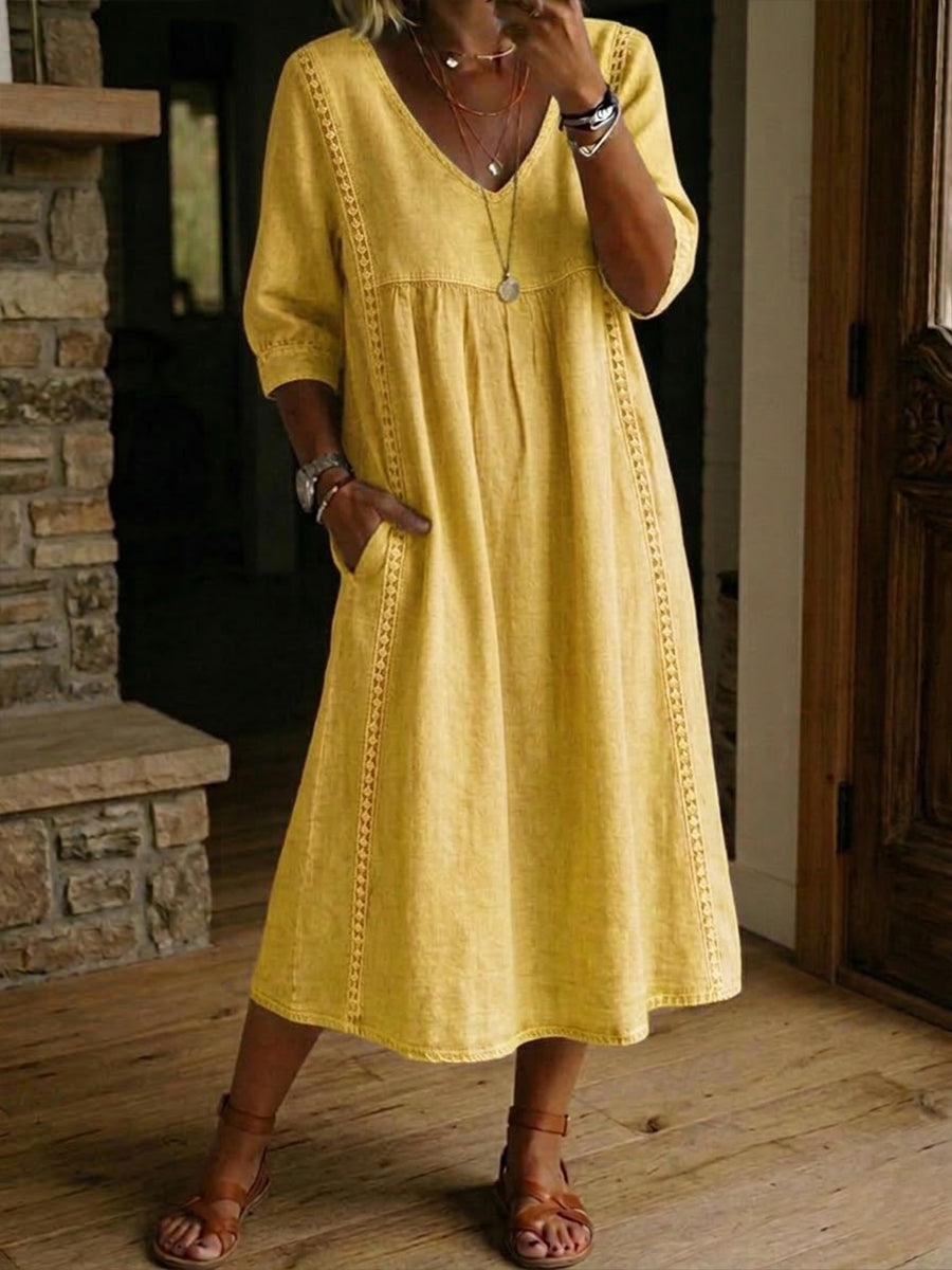 Women's Lace Trim Linen Cotton Dress - Casual Loose Summer Dress