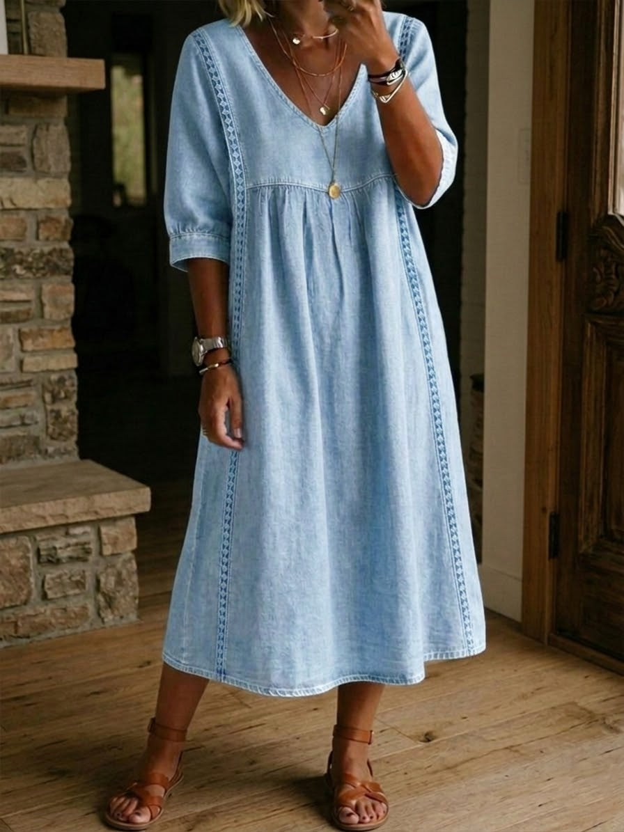 Women's Lace Trim Denim Dress - Casual Vintage Summer Dress