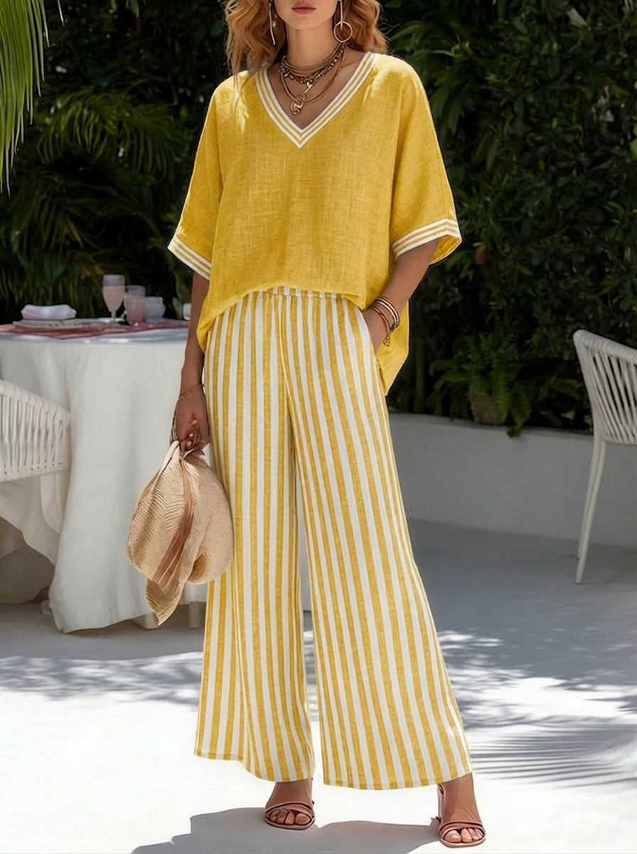 Women's Striped Linen Cotton Set - Casual Top and Trousers Outfit