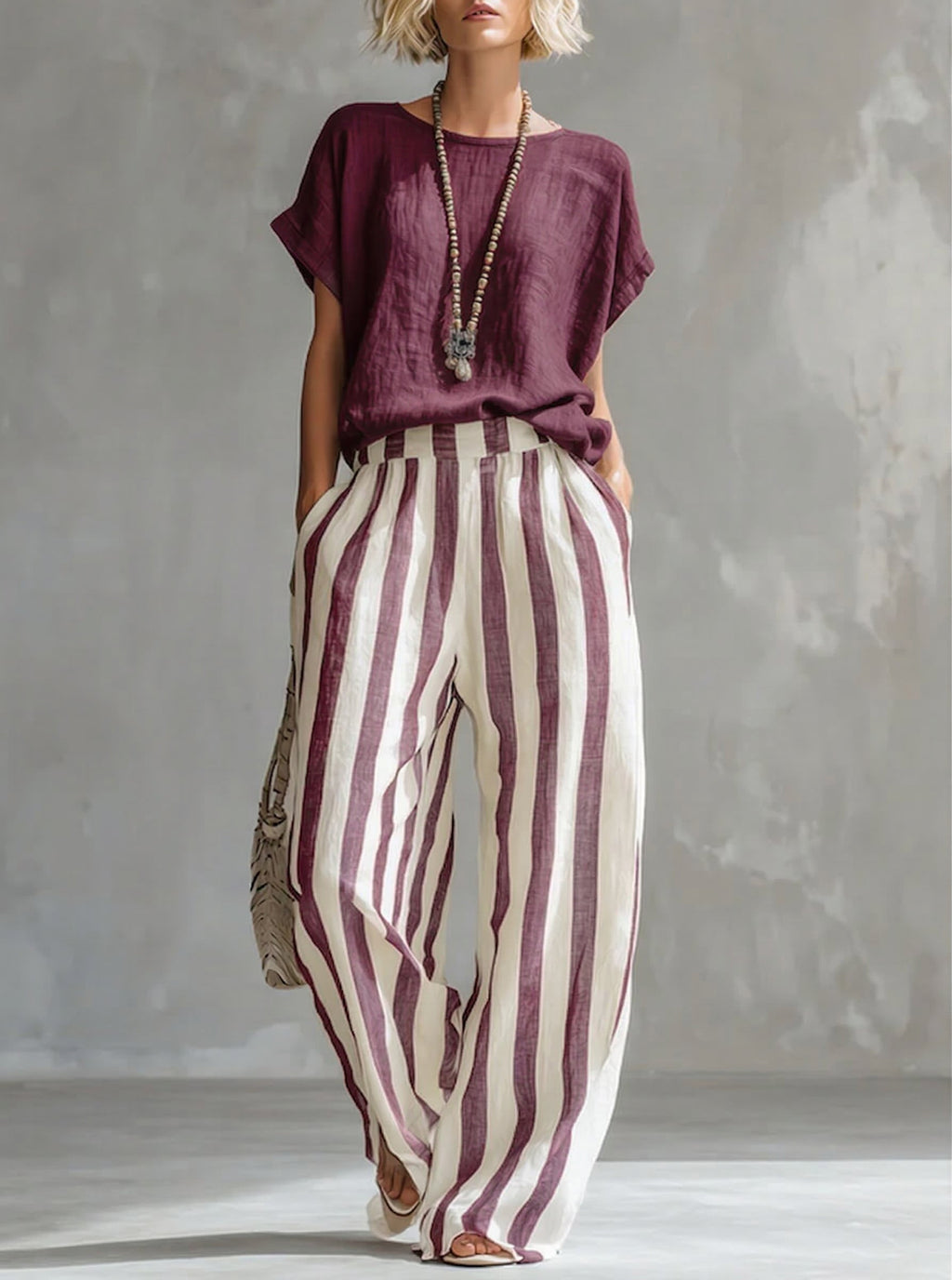 Women's Striped Cotton Linen Set - Casual Loose Two-Piece Outfit