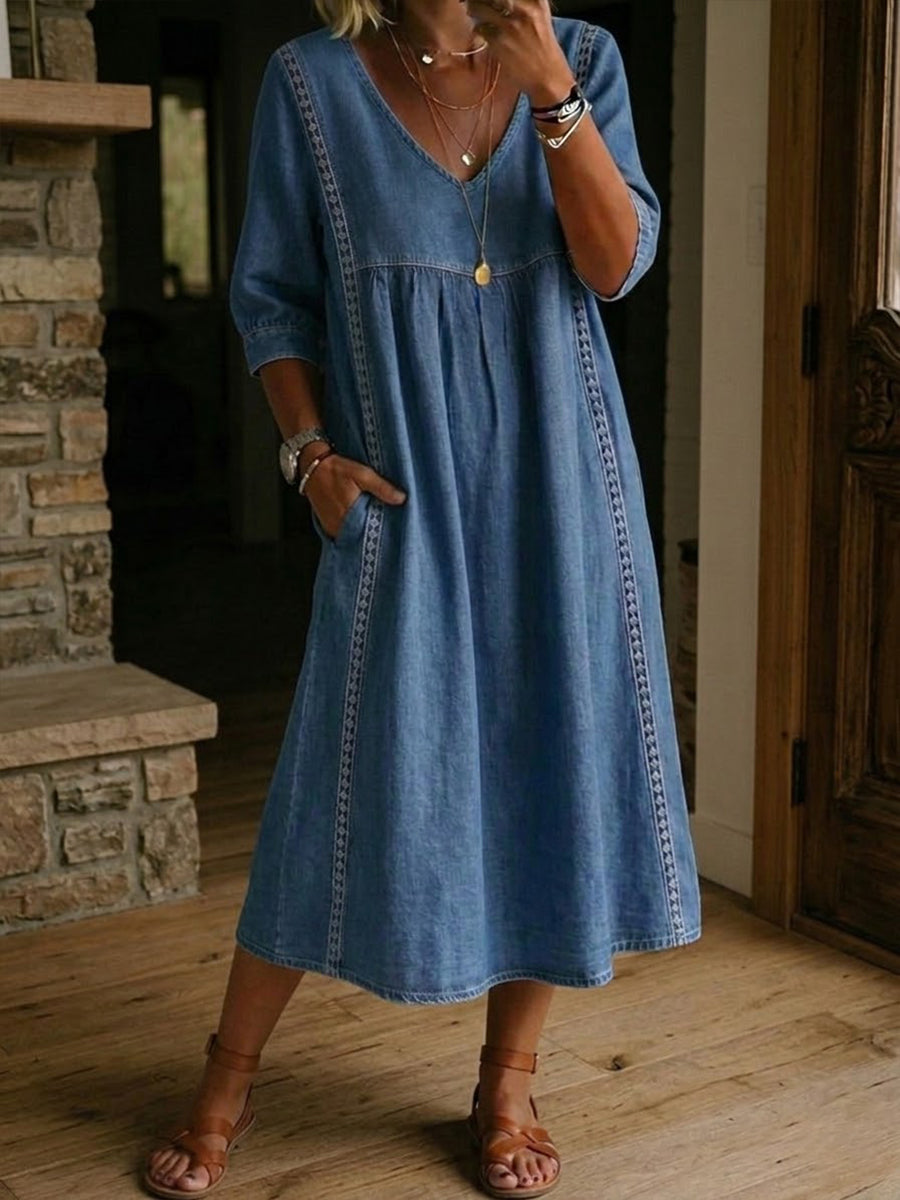 Women's Lace Trim Denim Dress - Casual Vintage Summer Dress