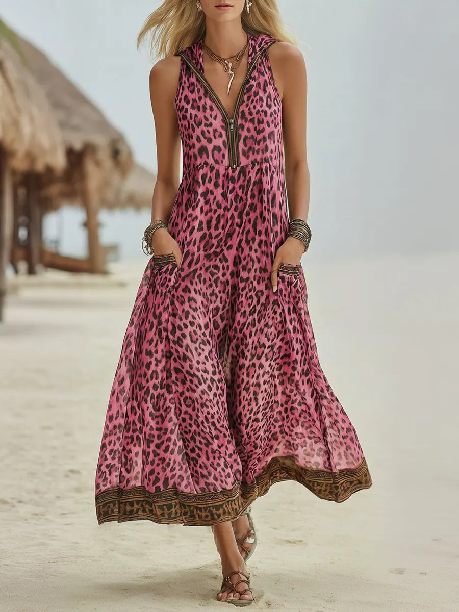 Women's Leopard Print Hooded Dress - Casual Midi Vacation Dress