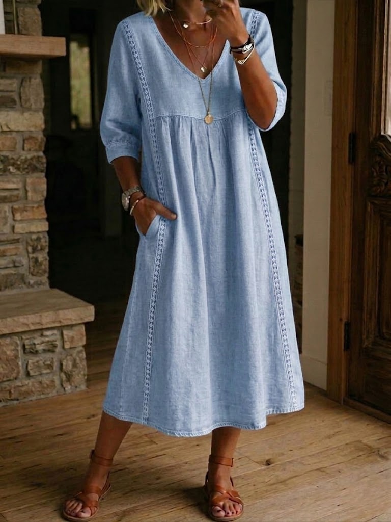 Women's Lace Trim Linen Cotton Dress - Casual Loose Summer Dress