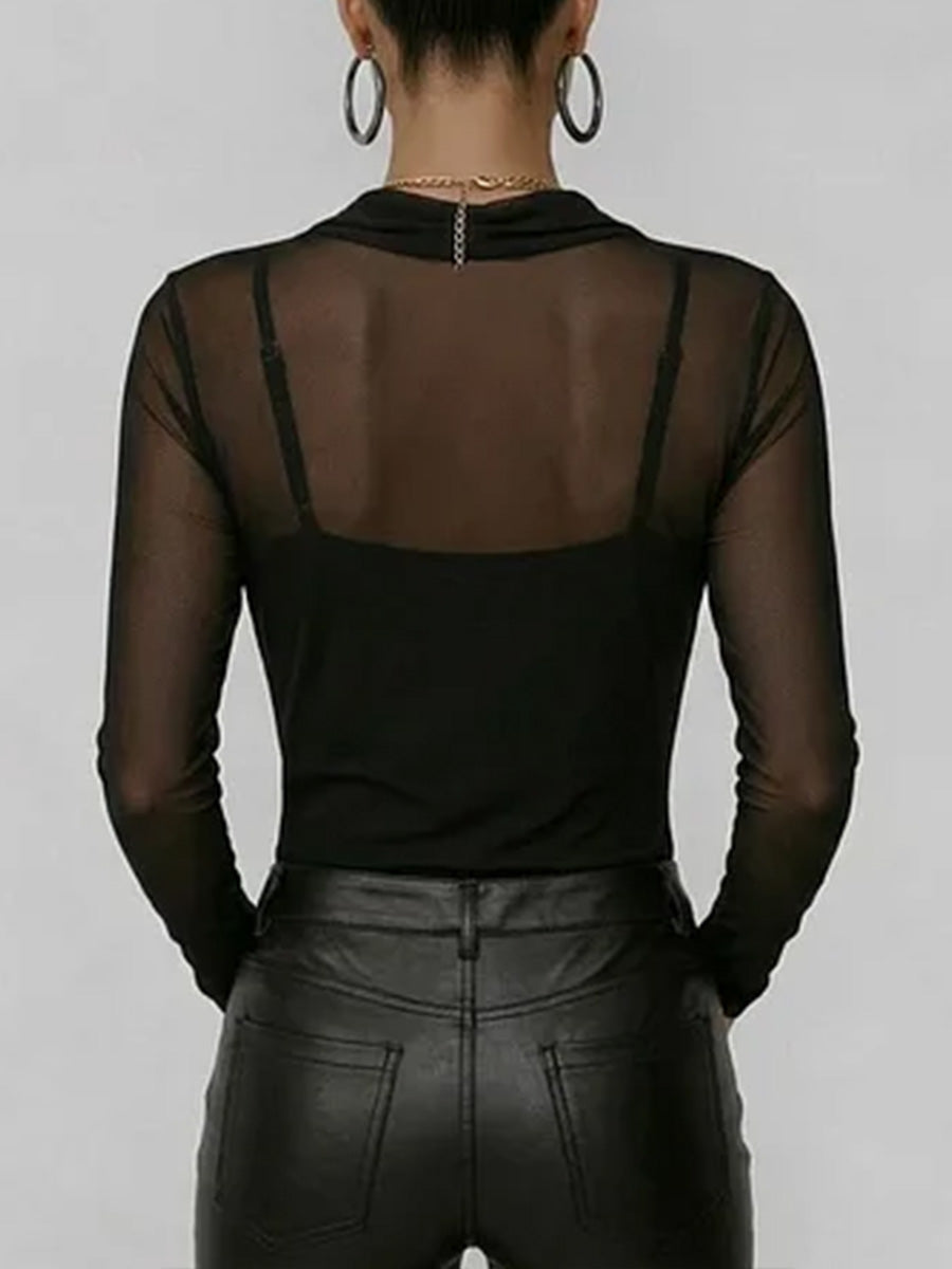 Women's Sheer Mesh Top - Casual Long Sleeve Swing Neck Blouse