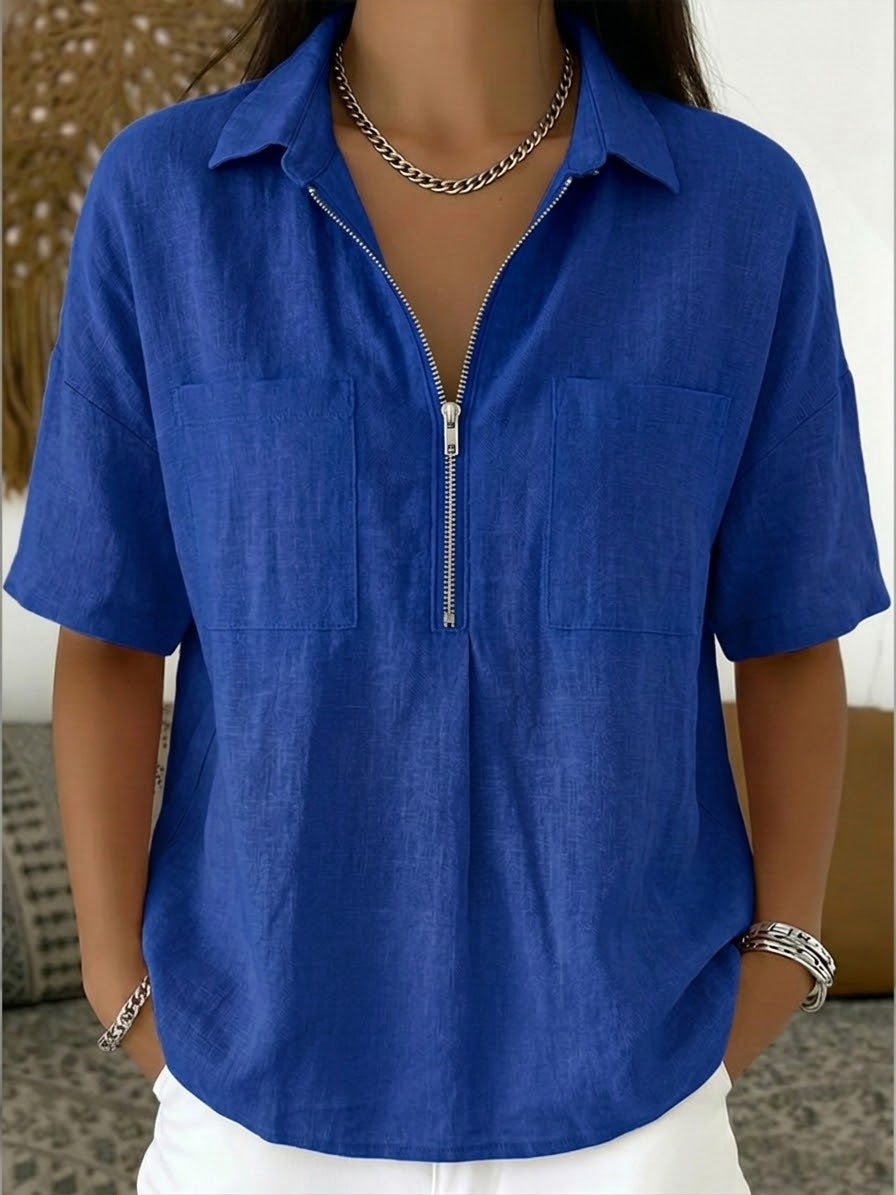 Women's Half-Zip Linen Cotton Shirt - Casual Summer Blouse