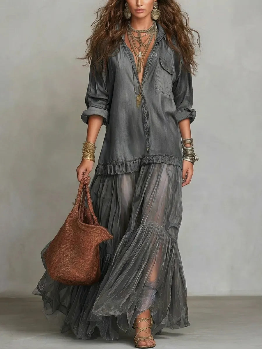 Women's Denim Patchwork Maxi Dress - Retro Organza Shirt Dress
