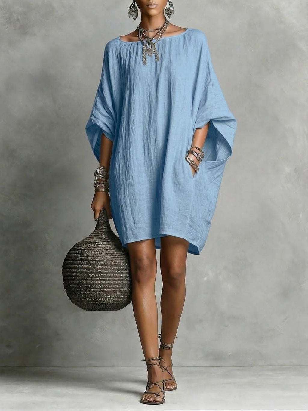 Women's Cotton Linen Dress - Casual Summer Midi Dress