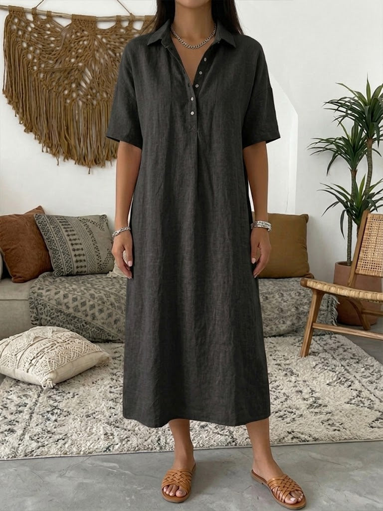 Women's Cotton Linen Polo Dress - Casual Short Sleeve Summer Dress
