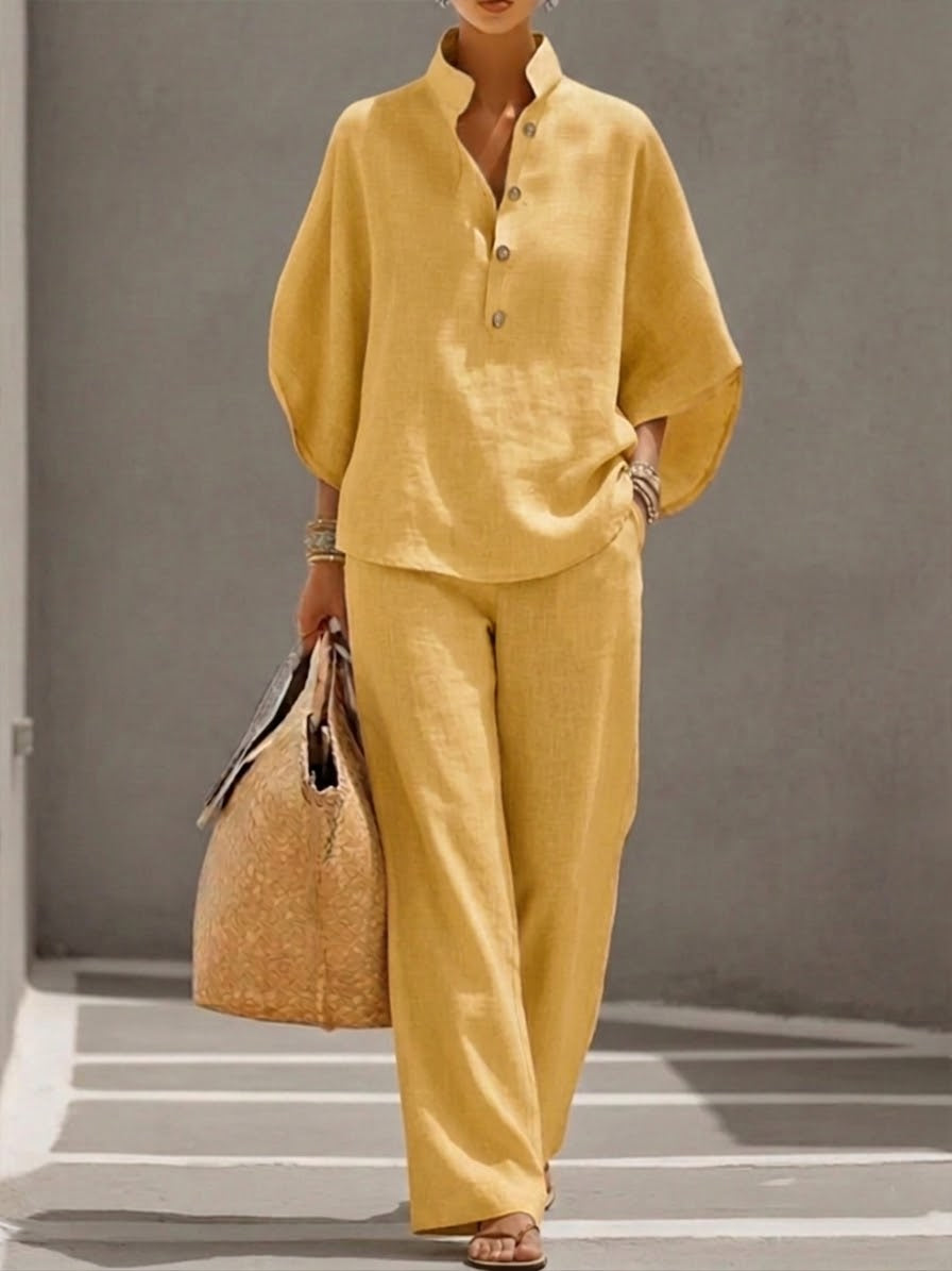 Women's Batwing Linen Cotton Set - Casual Top and Trousers Outfit