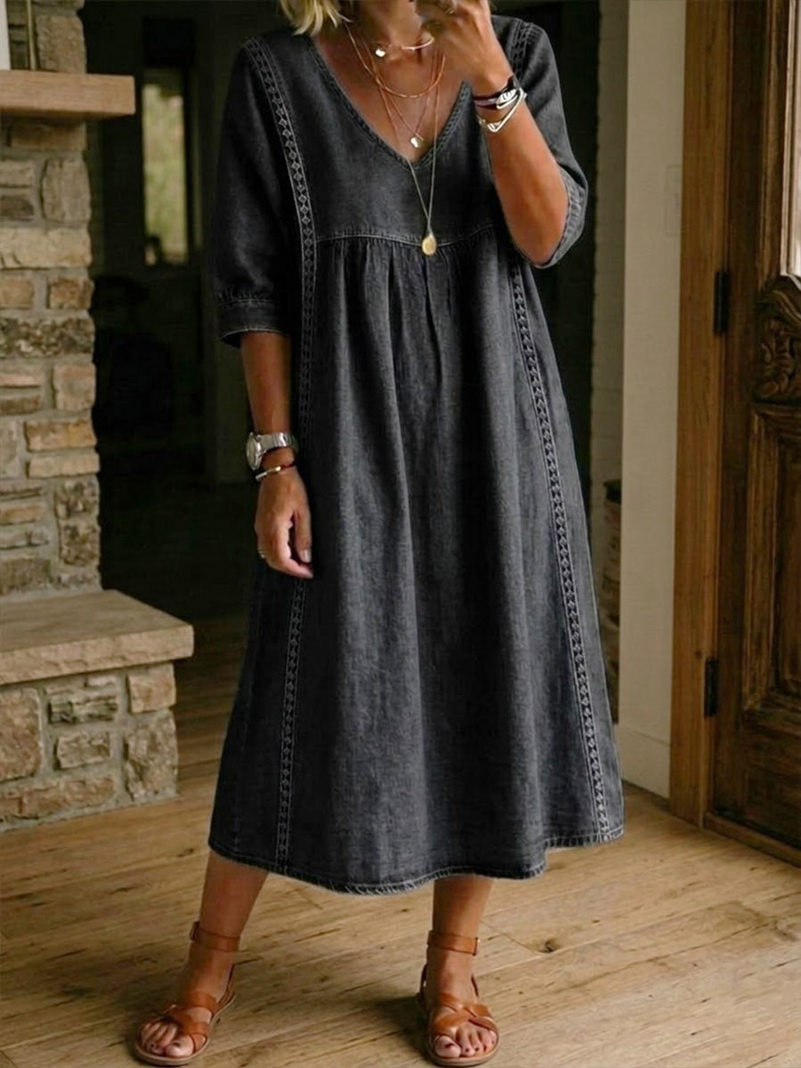 Women's Lace Trim Denim Dress - Casual Vintage Summer Dress