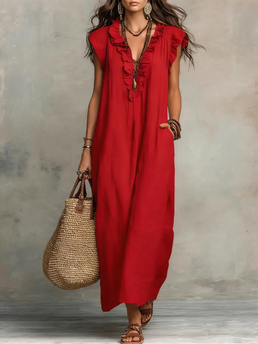 Women's Ruffled Cotton Linen Dress - Casual Summer Dress