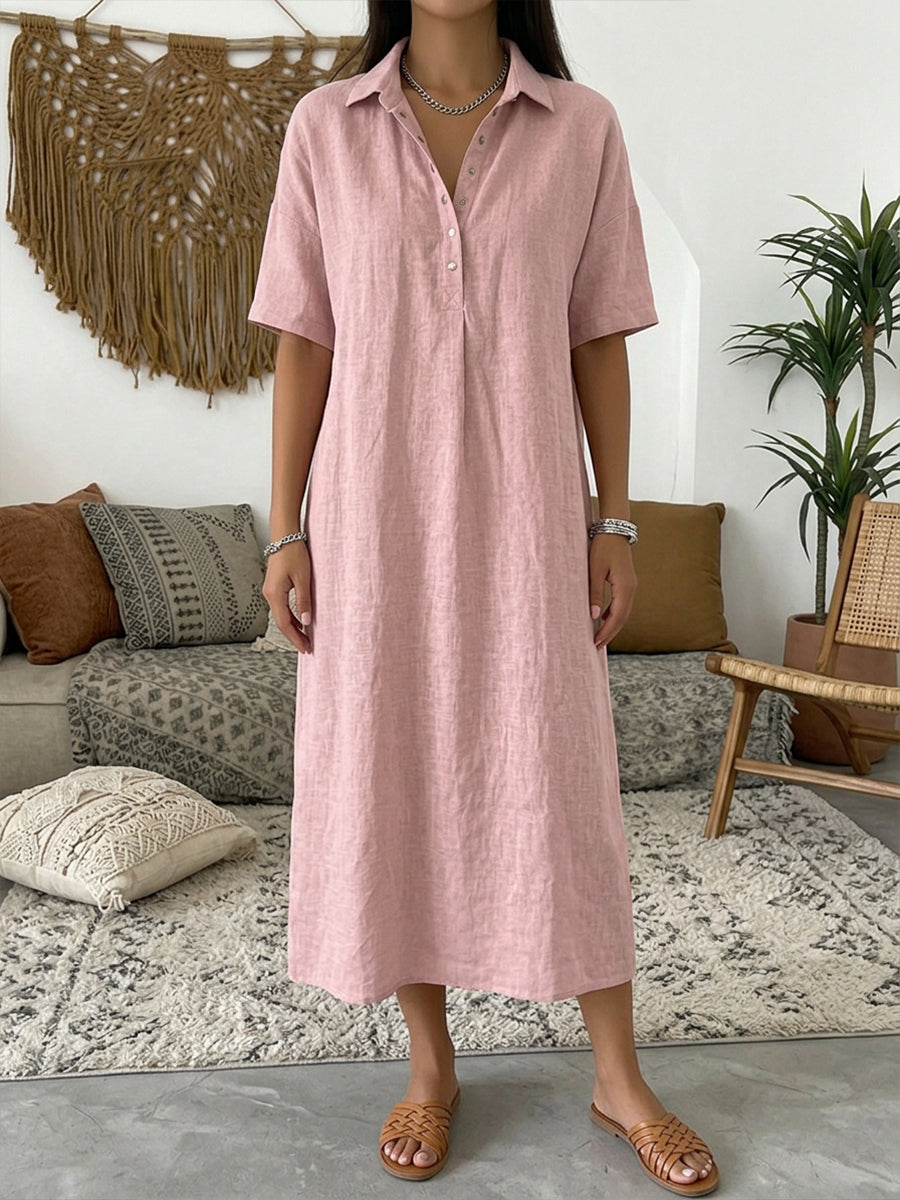 Women's Cotton Linen Polo Dress - Casual Short Sleeve Summer Dress