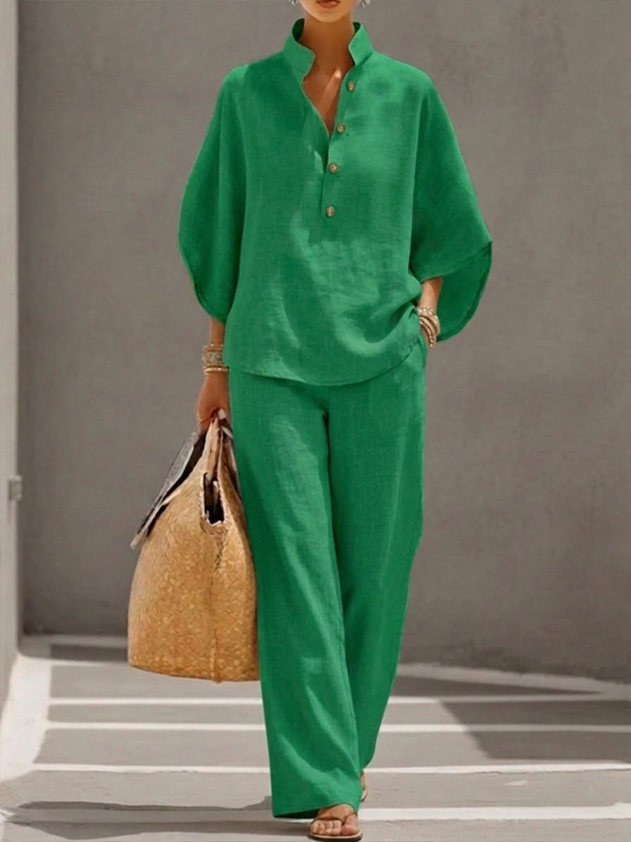 Women's Batwing Linen Cotton Set - Casual Top and Trousers Outfit