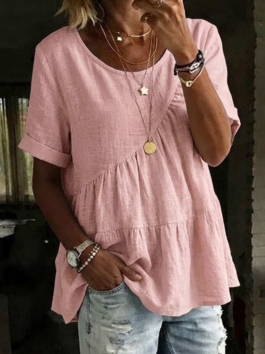 Women's Round Neck Cotton Linen Shirt - Casual Short Sleeve Top