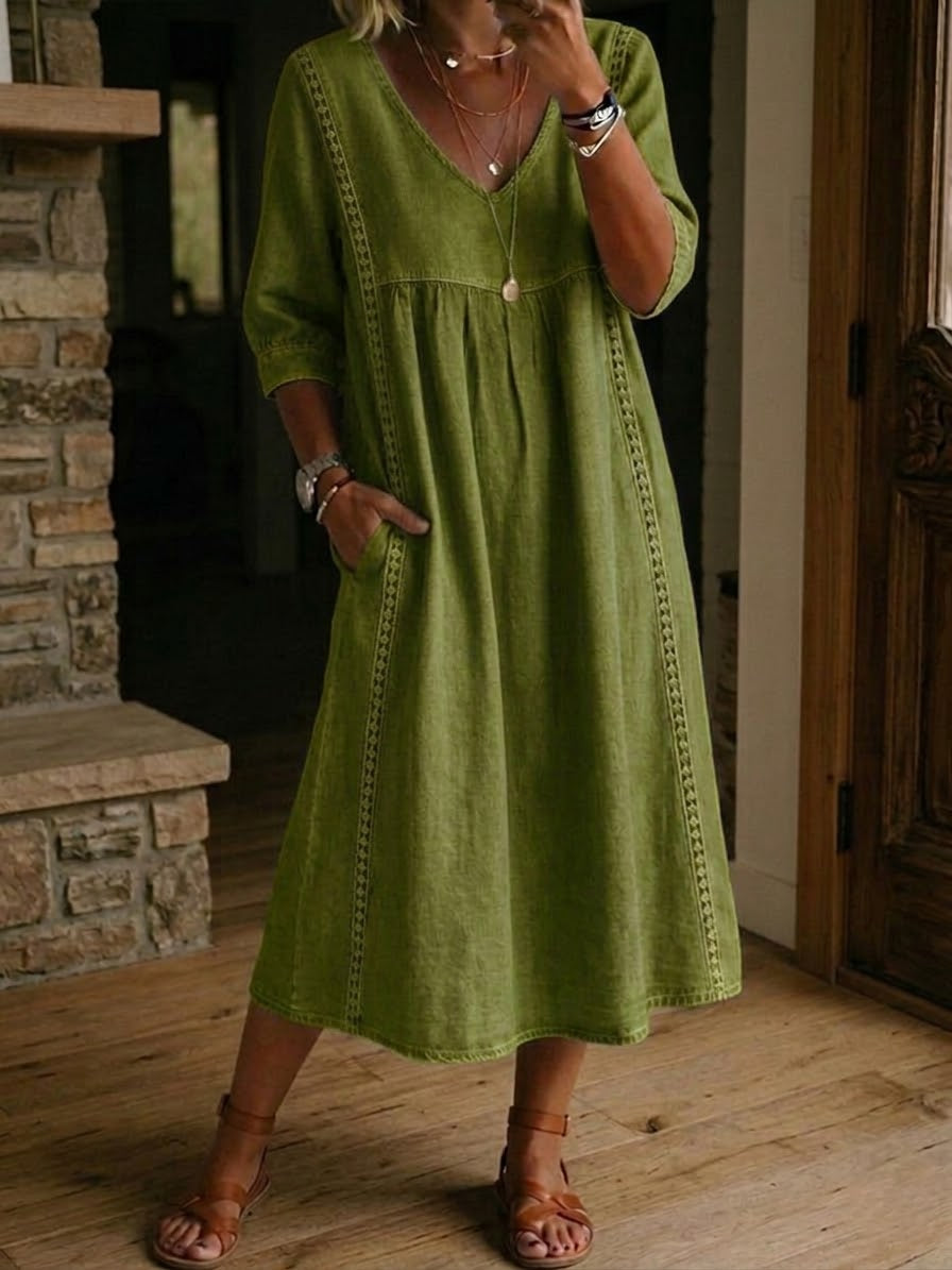 Women's Lace Trim Linen Cotton Dress - Casual Loose Summer Dress