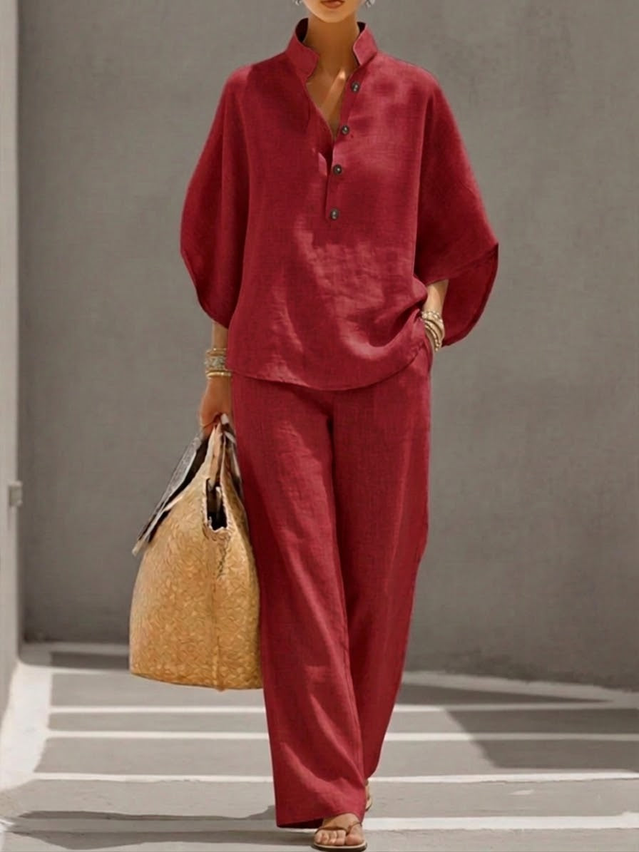 Women's Batwing Linen Cotton Set - Casual Top and Trousers Outfit