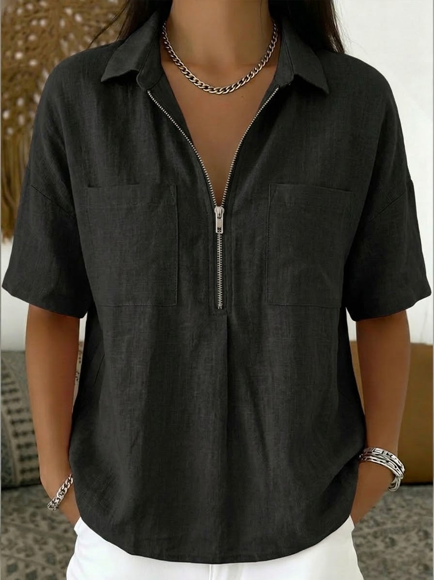 Women's Half-Zip Linen Cotton Shirt - Casual Summer Blouse