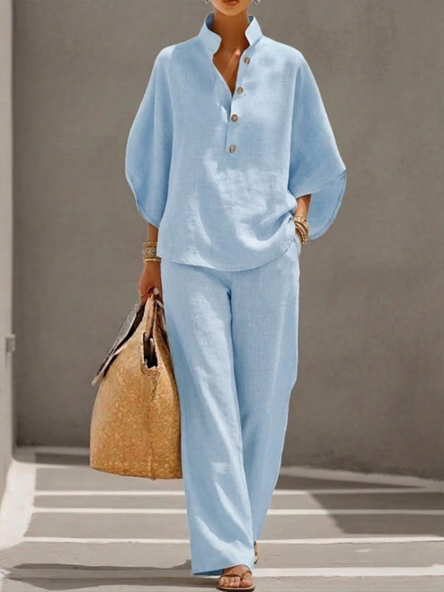 Women's Batwing Linen Cotton Set - Casual Top and Trousers Outfit