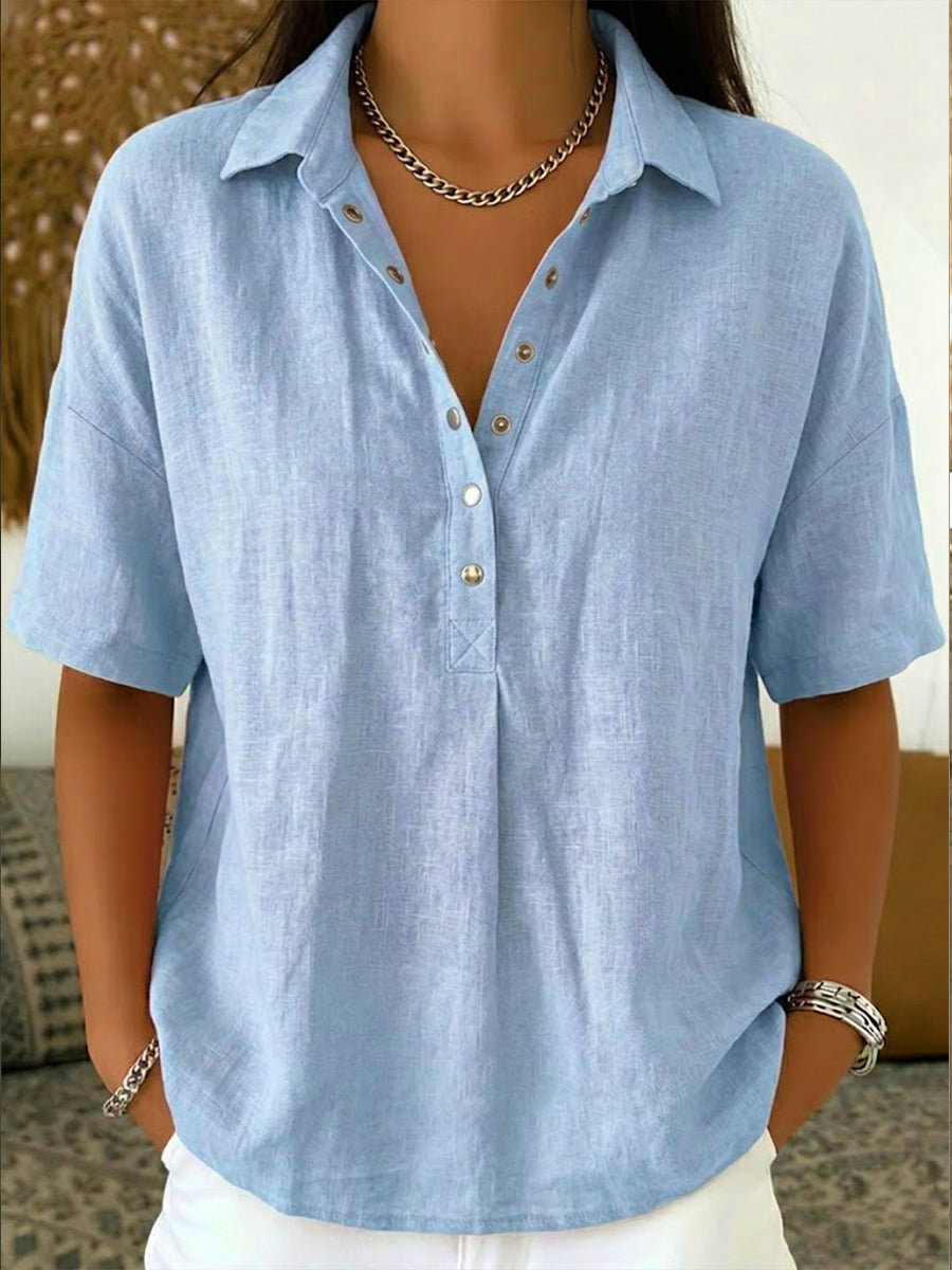 Women's Cotton Linen Polo Shirt - Casual Short Sleeve Summer Top