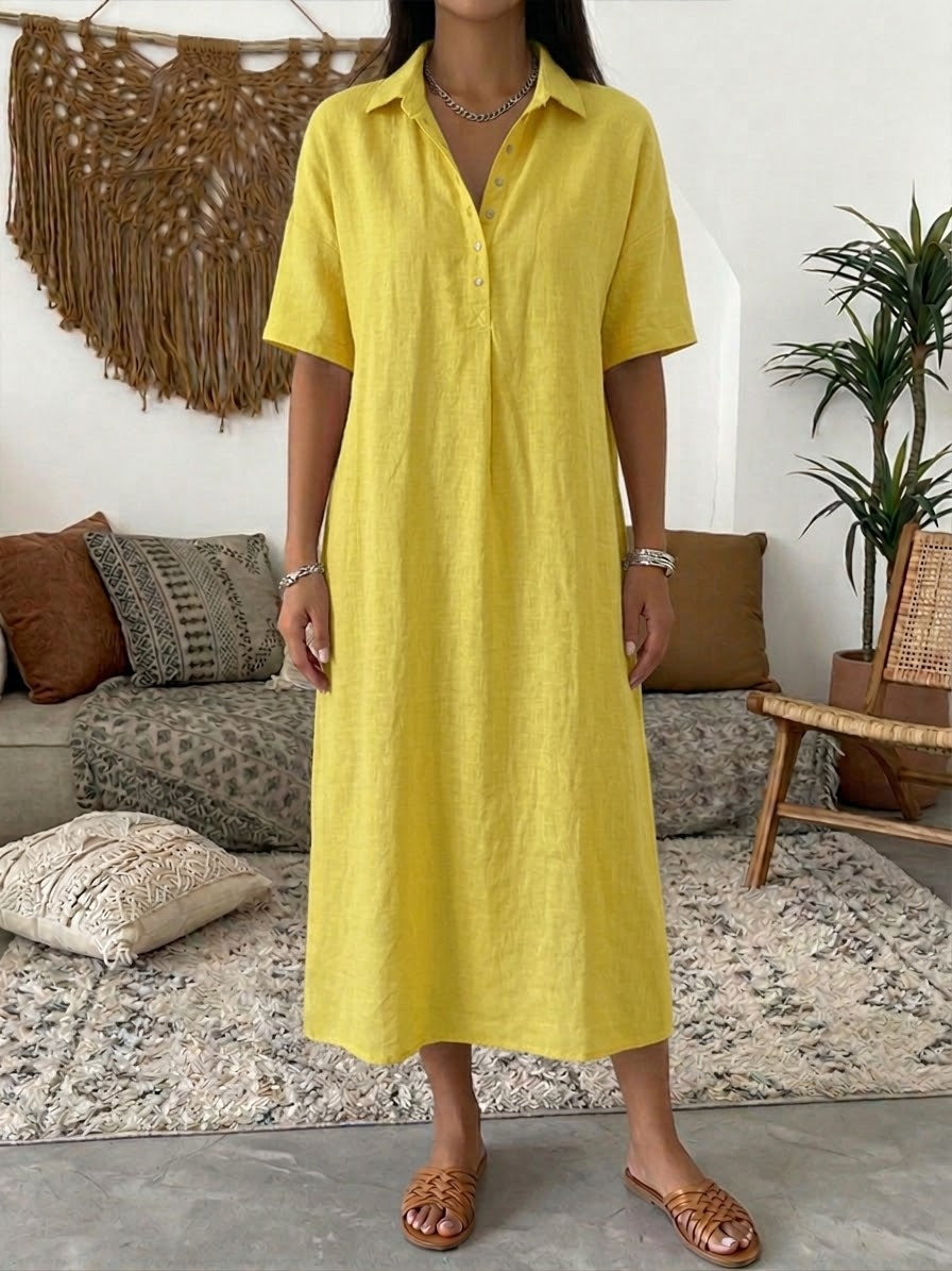 Women's Cotton Linen Polo Dress - Casual Short Sleeve Summer Dress