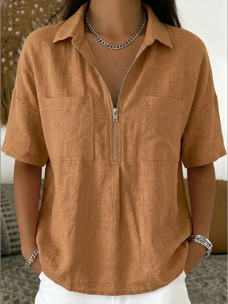 Women's Half-Zip Linen Cotton Shirt - Casual Summer Blouse