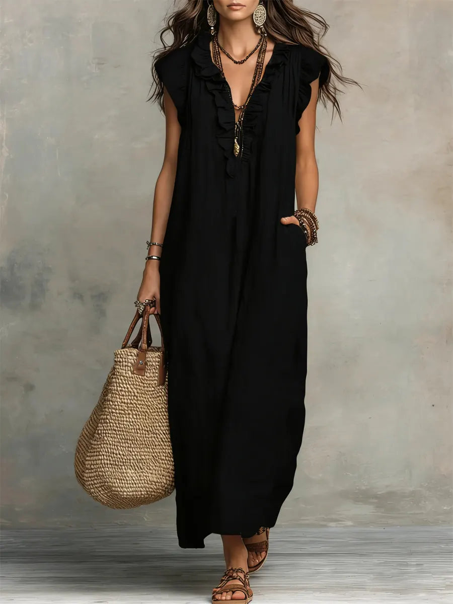 Women's Ruffled Cotton Linen Dress - Casual Summer Dress