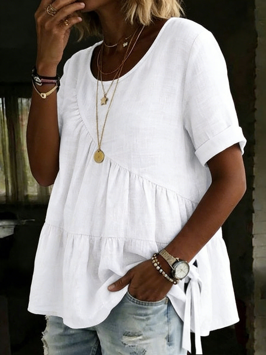 Women's Round Neck Cotton Linen Shirt - Casual Short Sleeve Top
