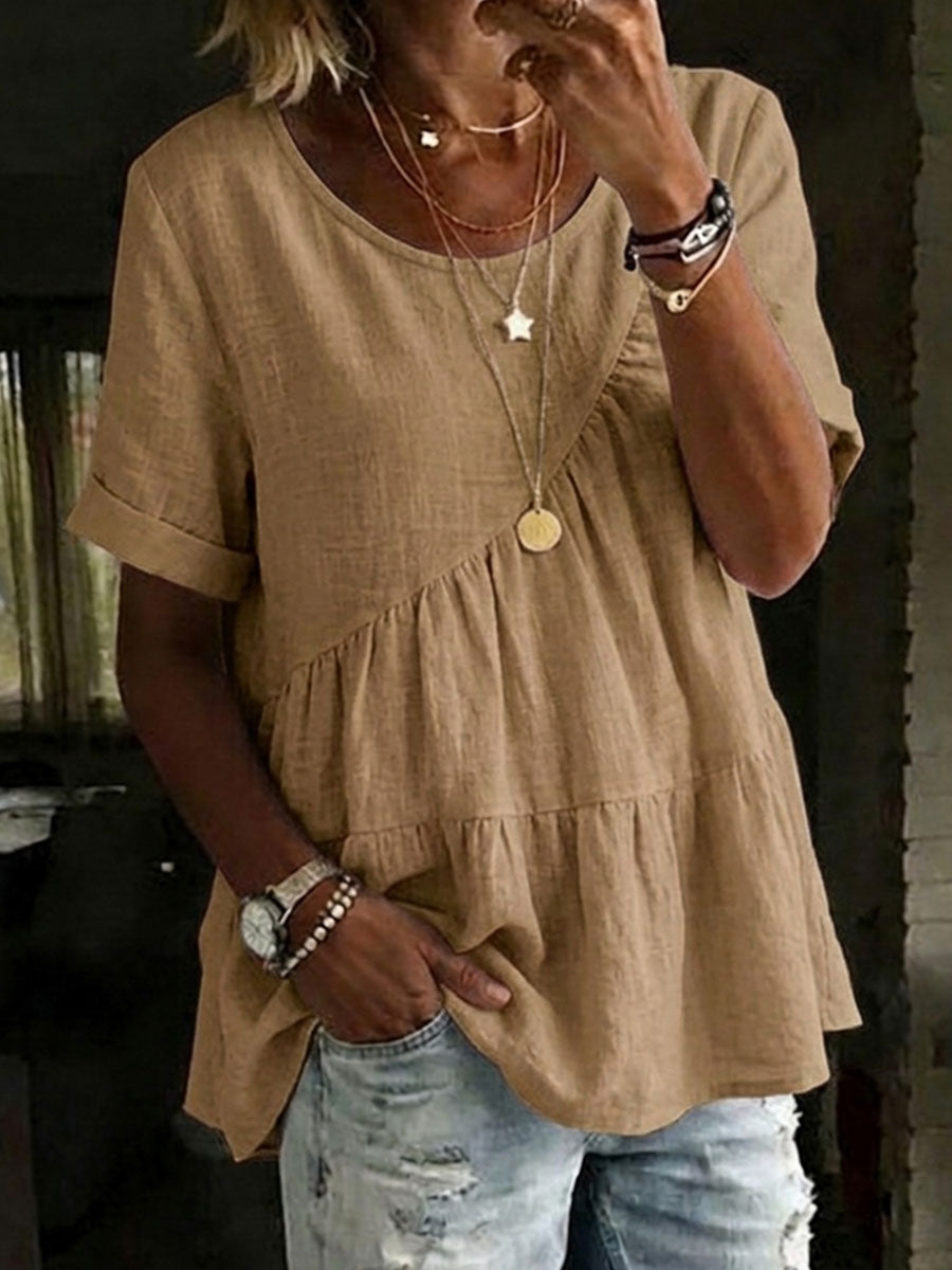 Women's Round Neck Cotton Linen Shirt - Casual Short Sleeve Top
