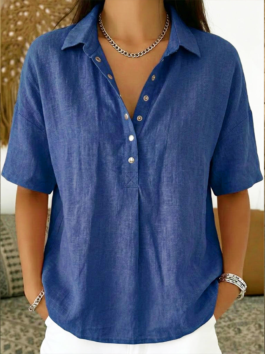 Women's Cotton Linen Polo Shirt - Casual Short Sleeve Summer Top