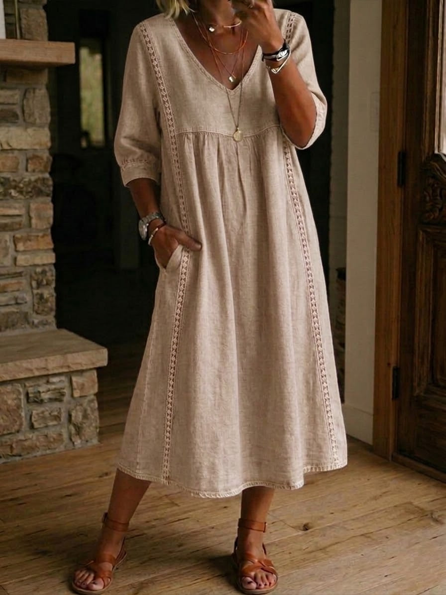 Women's Lace Trim Linen Cotton Dress - Casual Loose Summer Dress