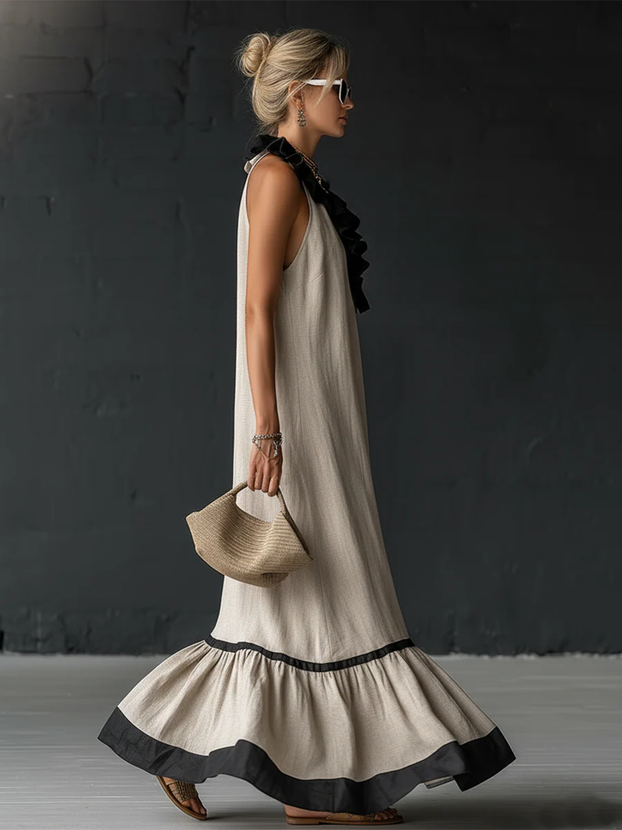 Women's Ruffled Color Block Maxi Dress - Elegant Romantic Summer Dress