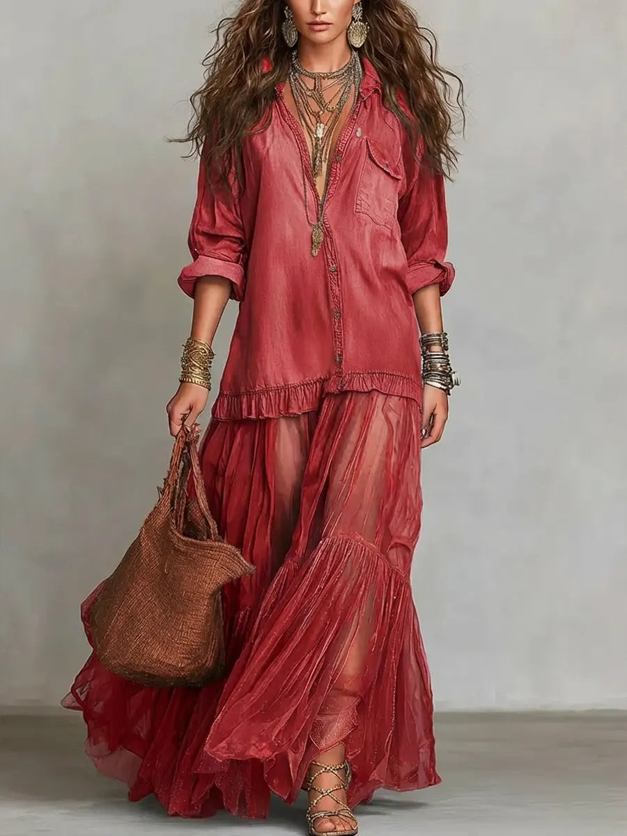 Women's Denim Patchwork Maxi Dress - Retro Organza Shirt Dress