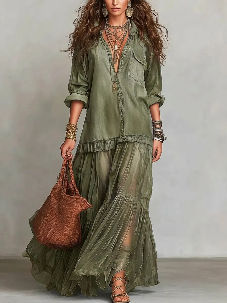 Women's Denim Patchwork Maxi Dress - Retro Organza Shirt Dress