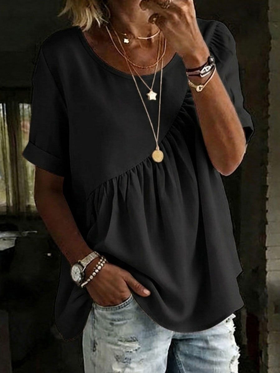 Women's Round Neck Cotton Linen Shirt - Casual Short Sleeve Top