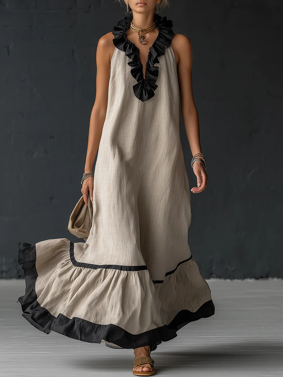 Women's Ruffled Color Block Maxi Dress - Elegant Romantic Summer Dress