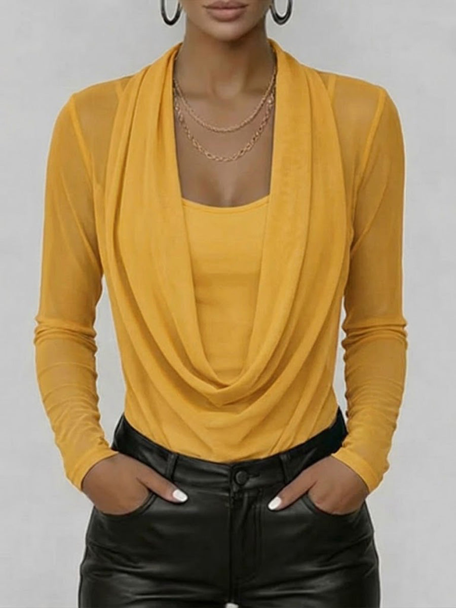 Women's Sheer Mesh Top - Casual Long Sleeve Swing Neck Blouse