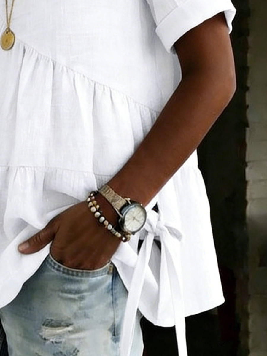 Women's Round Neck Cotton Linen Shirt - Casual Short Sleeve Top