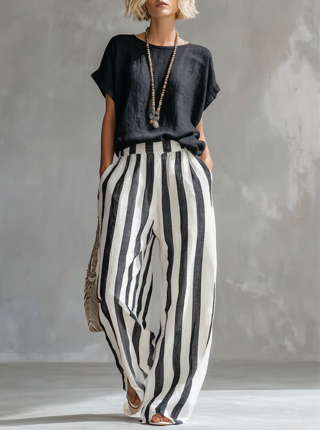 Women's Striped Cotton Linen Set - Casual Loose Two-Piece Outfit