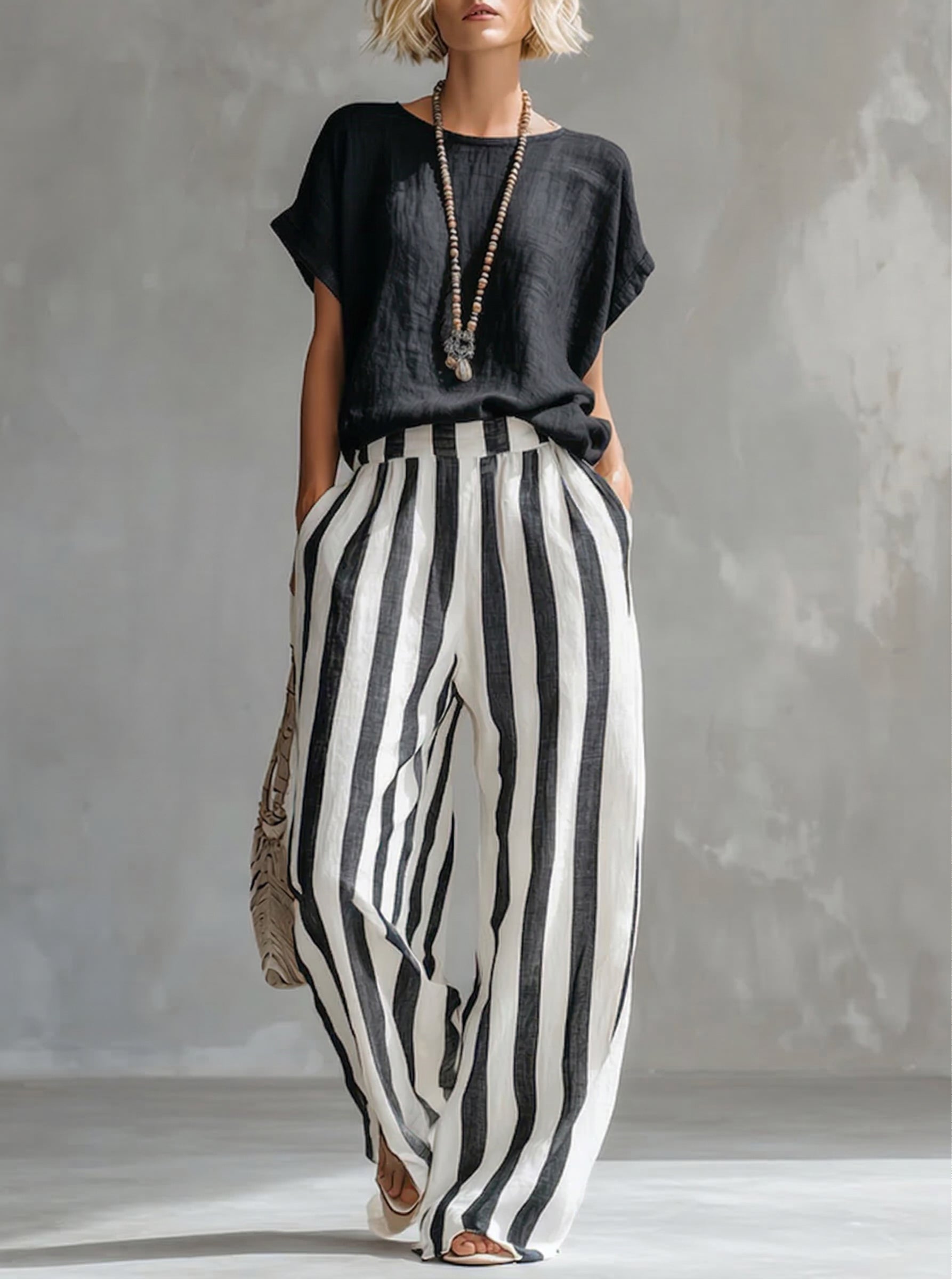 Women's Striped Cotton Linen Set - Casual Loose Two-Piece Outfit